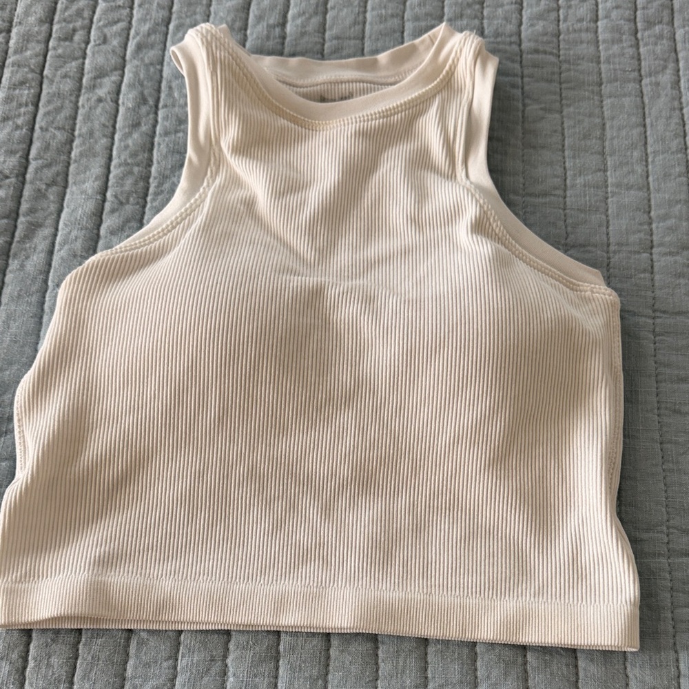 Ribbed High-Neck Sports Crop — Cream & Black - Picture 2 of 7